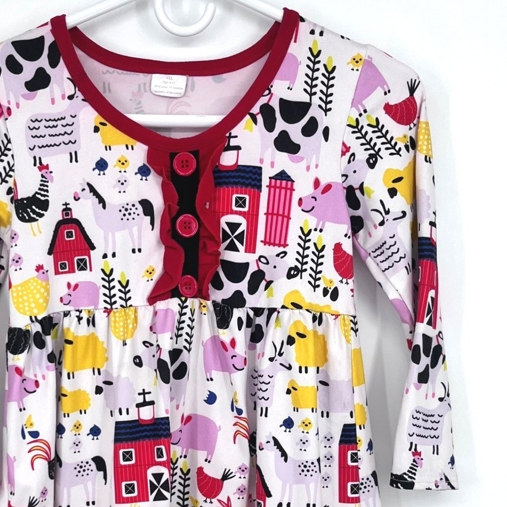 Farm Animal Print Dress Girls 4XL 8/9 White Red Ruffle Barnyard‎ Farm Animals